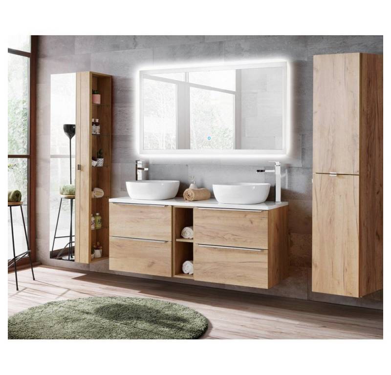 Lomadox Badmöbel-Set TOSKANA-56, (Spar-Set, 4-St), mit Doppel-Waschtisch & LED-Touch-Spiegel Wotaneiche Nb. 260/190/46cm von Lomadox