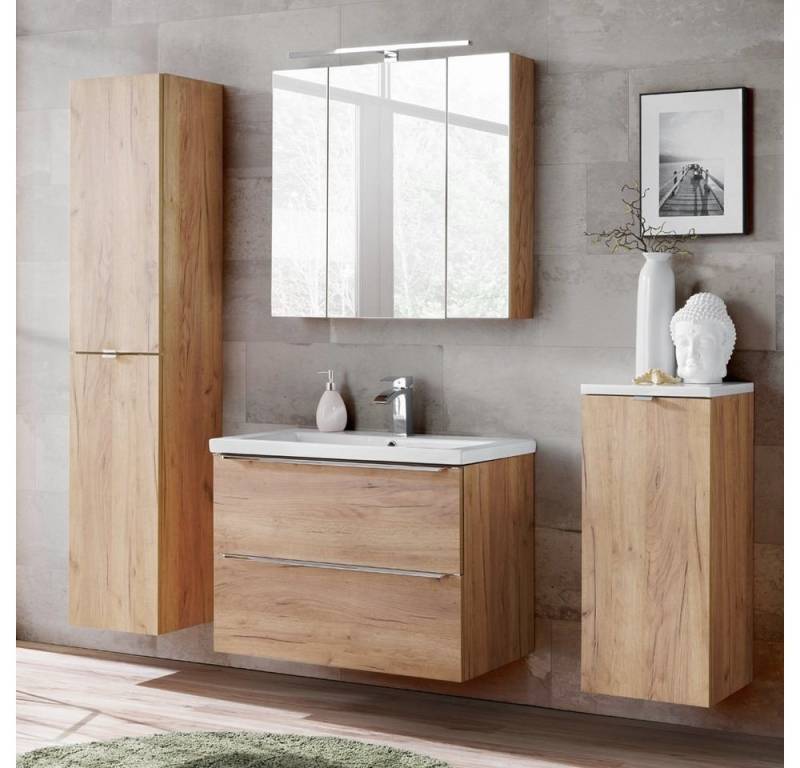 Lomadox Badmöbel-Set TOSKANA-56, (Spar-Set, 4-St), mit LED-Spiegelschrank Wotaneiche Nb. 190/190/46cm von Lomadox