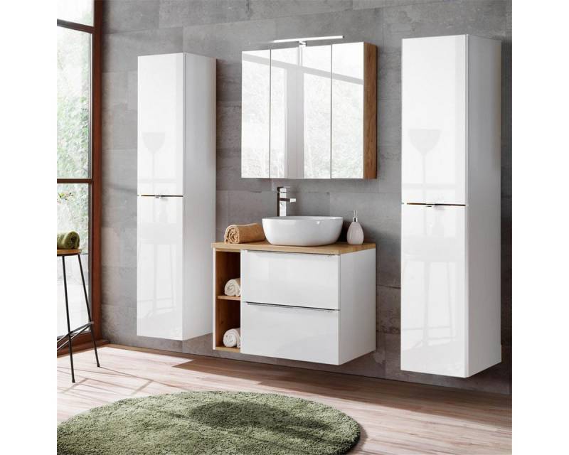 Lomadox Badmöbel-Set TOSKANA-56, (Spar-Set, 4-St), mit LED-Spiegelschrank weiß Hochglanz Wotaneiche 190/190/46cm von Lomadox