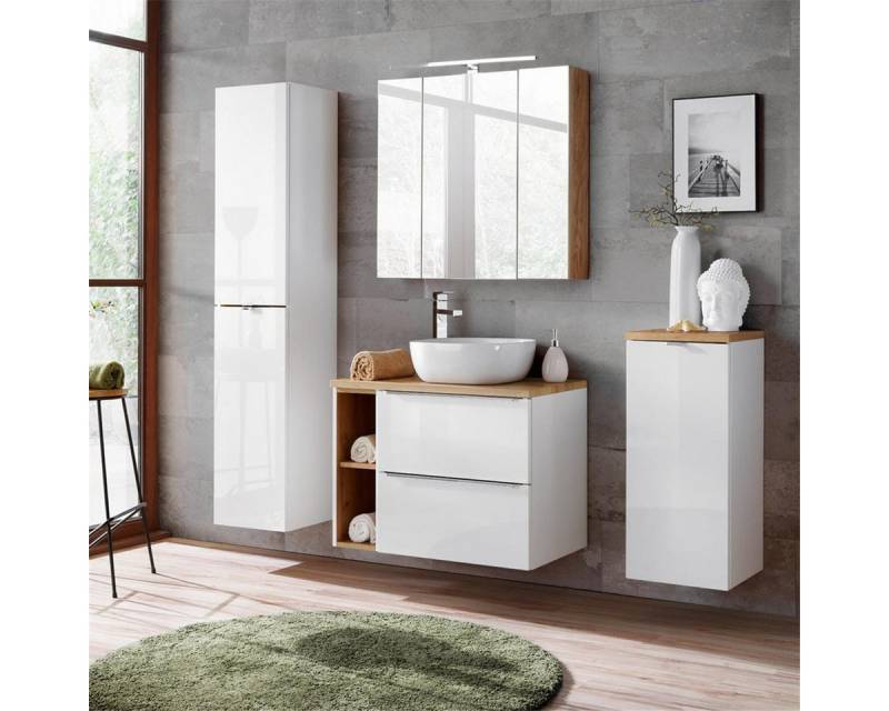 Lomadox Badmöbel-Set TOSKANA-56, (Spar-Set, 4-St), mit LED-Spiegelschrank weiß Hochglanz & Wotaneiche 190/200/46cm von Lomadox