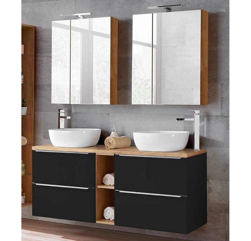 Lomadox Badmöbel-Set TOSKANA-BLACK-56, (Spar-Set, 3-St), Keramik-Aufsatzwaschbecken 2 Spiegelschränke anthrazit 140/190/46cm von Lomadox