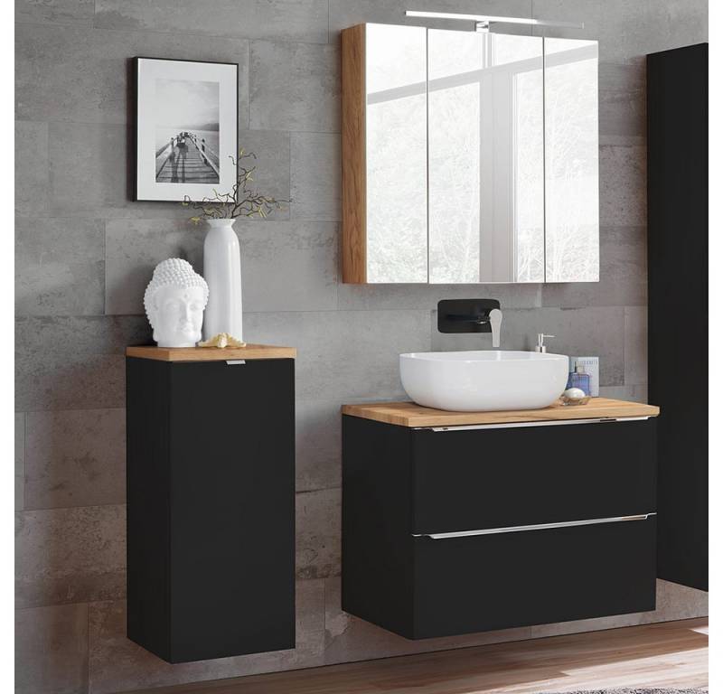 Lomadox Badmöbel-Set TOSKANA-BLACK-56, (Spar-Set, 3-St), mit LED-Spiegelschrank seidenmatt anthrazit & Wotaneiche 135/190/46cm von Lomadox