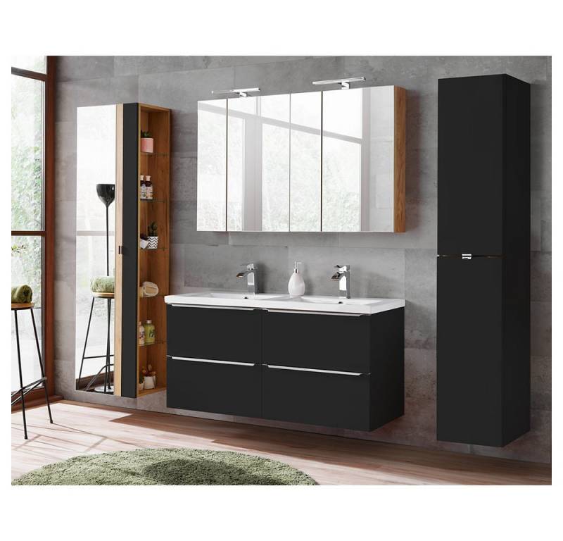 Lomadox Badmöbel-Set TOSKANA-BLACK-56, (Spar-Set, 4-St), 120cm Doppel-Keramik-Waschtisch anthrazit Eiche 240/190/46cm von Lomadox