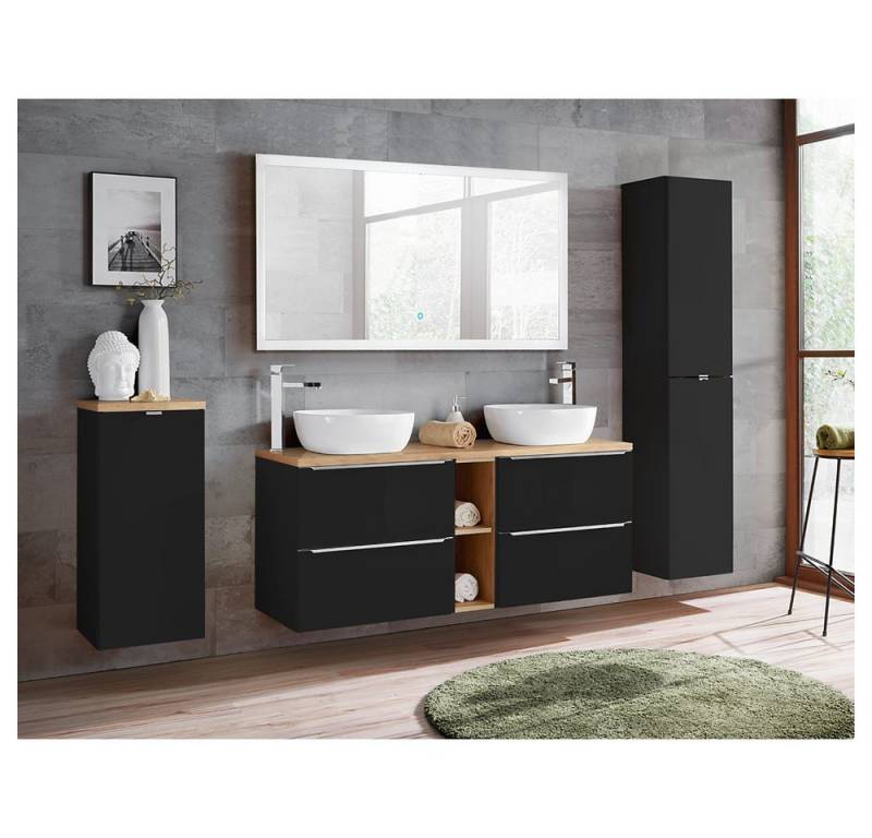 Lomadox Badmöbel-Set TOSKANA-BLACK-56, (Spar-Set, 4-St), anthrazit 140 cm Doppelwaschtisch Hochschrank LED-Spiegel 250/190/48cm von Lomadox