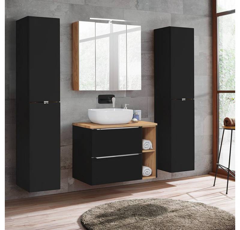 Lomadox Badmöbel-Set TOSKANA-BLACK-56, (Spar-Set, 4-St), mit LED-Spiegelschrank seidenmatt anthrazit Wotaneiche 190/190/46cm von Lomadox