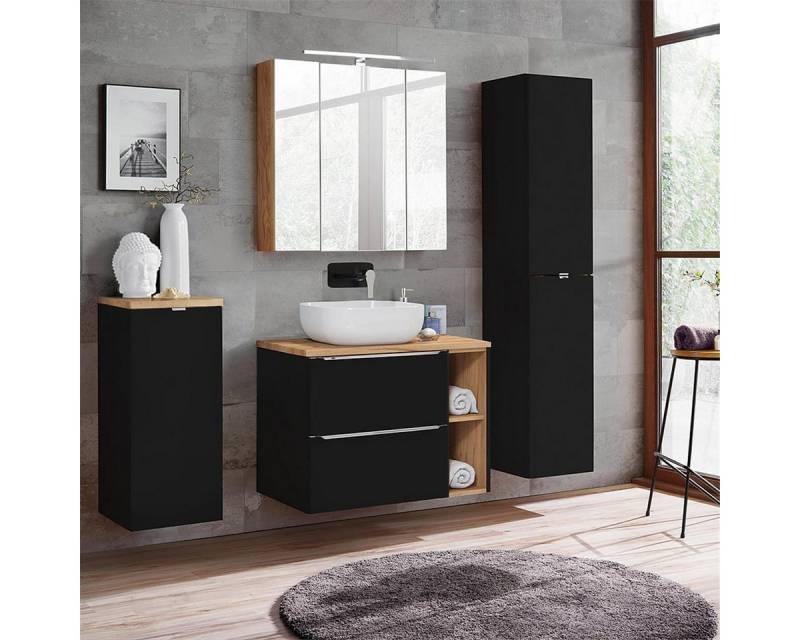 Lomadox Badmöbel-Set TOSKANA-BLACK-56, (Spar-Set, 4-St), mit LED-Spiegelschrank seidenmatt anthrazit & Wotaneiche 190/190/46cm von Lomadox