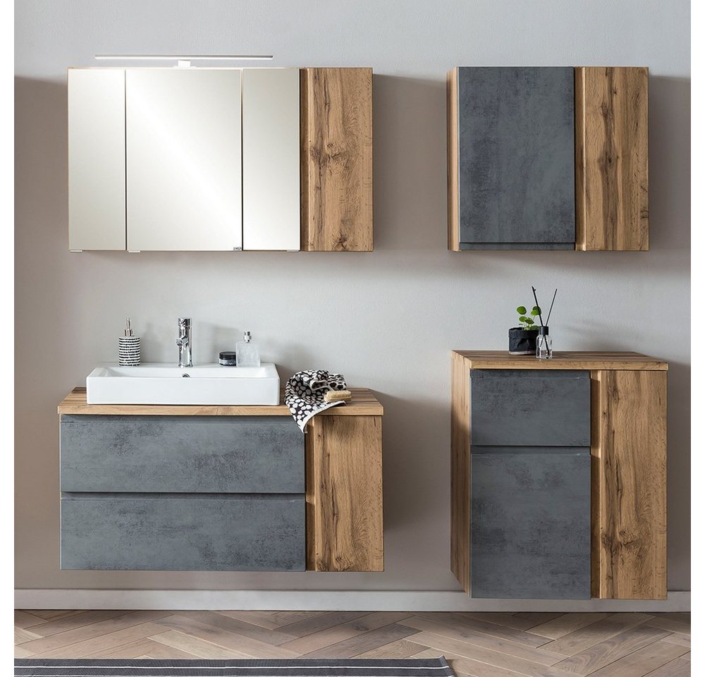 Lomadox Badmöbel-Set VASTO-03-CONCRETE, (Spar-Set, 4-St), Aufsatz-Waschbecken Wotan Eiche Nb. mit Beton Optik 185/200/47 cm von Lomadox