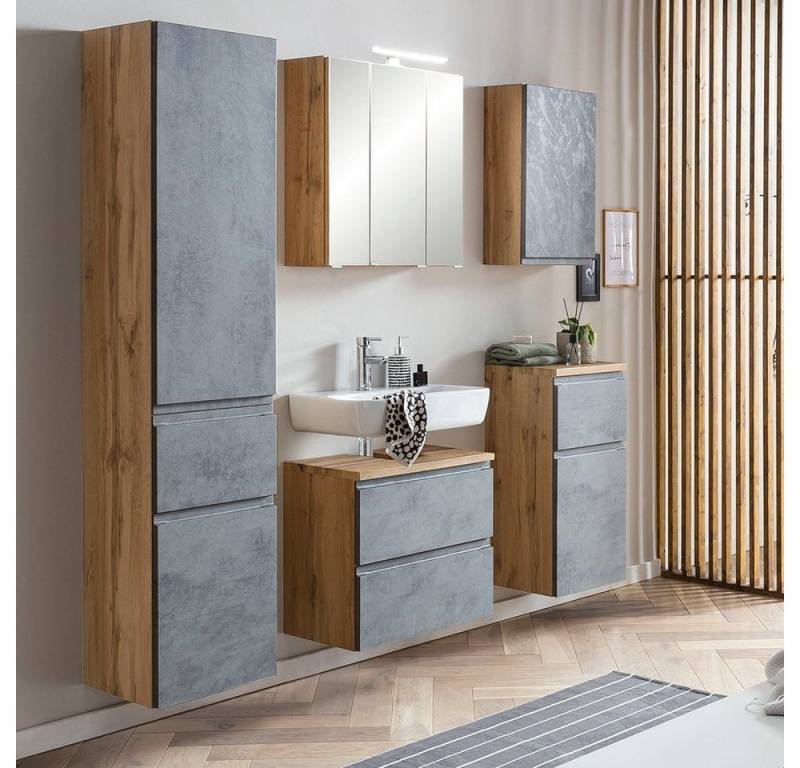 Lomadox Badmöbel-Set VASTO-03-CONCRETE, (Spar-Set, 5-St), stehend oder hängend in Wotan Eiche Nb. mit Beton Optik 170/200/35 cm von Lomadox