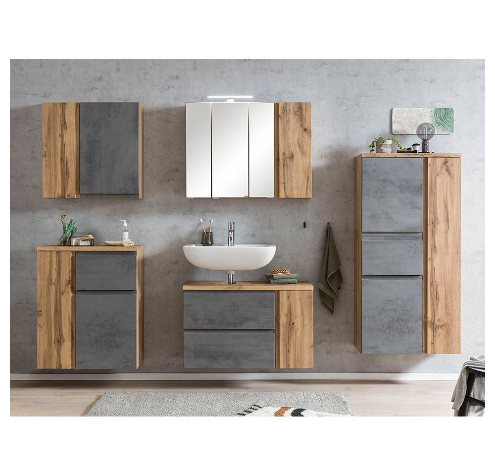 Lomadox Badmöbel-Set VASTO-03-CONCRETE, (Spar-Set, 5-St), in Wotan Eiche Nb. mit Beton Optik stehend oder hängend 245/200/35 cm von Lomadox