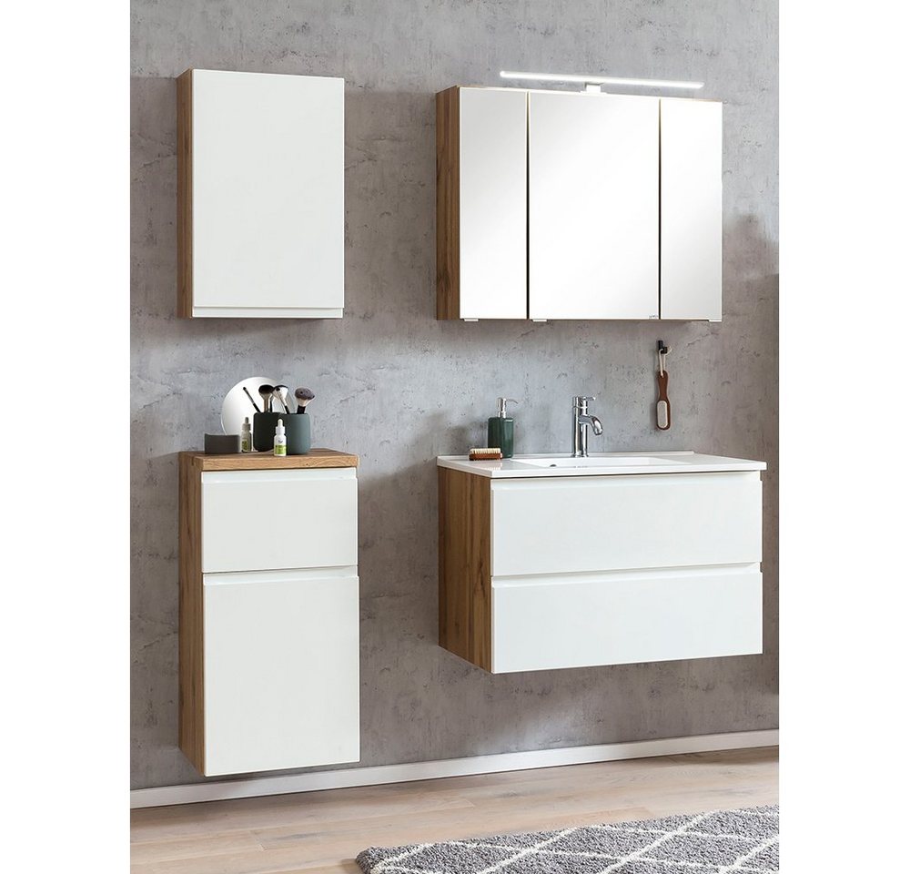 Lomadox Badmöbel-Set VASTO-03-WHITE, (Spar-Set, 4-St), Wotan Eiche Nb. mit weiß matt 135/200/47 cm von Lomadox