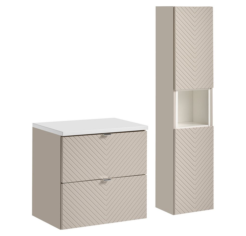 Lomadox Badmöbel-Set VERACRUZ-56, (Spar-Set, 2-St., Waschtischunterschrank Hochschrank), 60cm Unterschrank, gerillte Front, kaschmir mit weiß von Lomadox