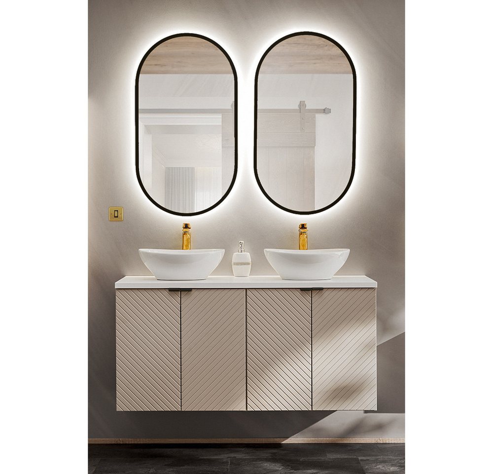 Lomadox Badmöbel-Set VERACRUZ-56, (Spar-Set, 3-St., LED-Spiegel Doppelwaschtisch), mit 120cm Waschtisch mit 2 Aufsatzbecken, kaschmir und weiß, gerillt von Lomadox