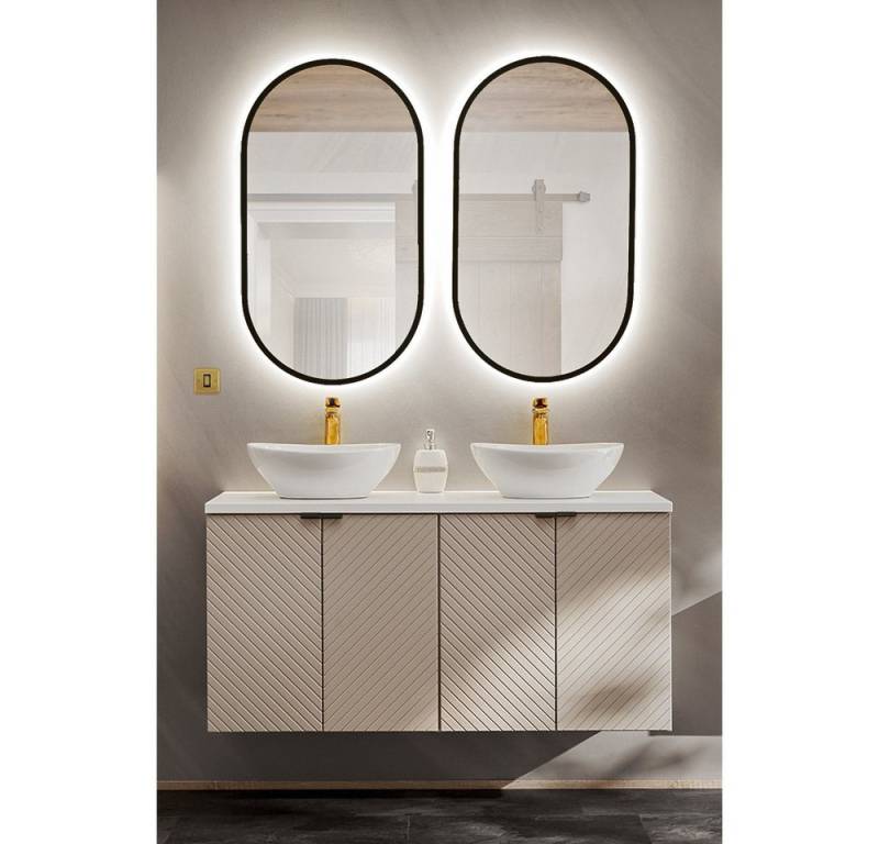 Lomadox Badmöbel-Set VERACRUZ-56, (Spar-Set, 3-St., LED-Spiegel Doppelwaschtisch), mit 120cm Waschtisch mit 2 Aufsatzbecken, kaschmir und weiß, gerillt von Lomadox