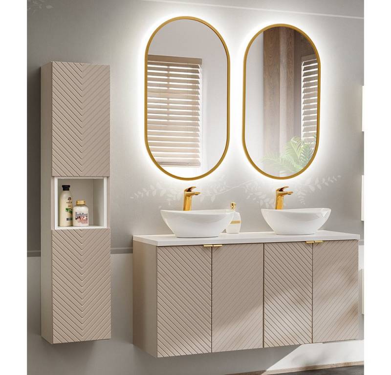 Lomadox Badmöbel-Set VERACRUZ-56, (Spar-Set, 4-St., Hochschrank LED-Spiegel Doppelwaschtisch), mit 120cm Waschtisch mit 2 Aufsatzbecken, kaschmir und weiß, gerillt von Lomadox