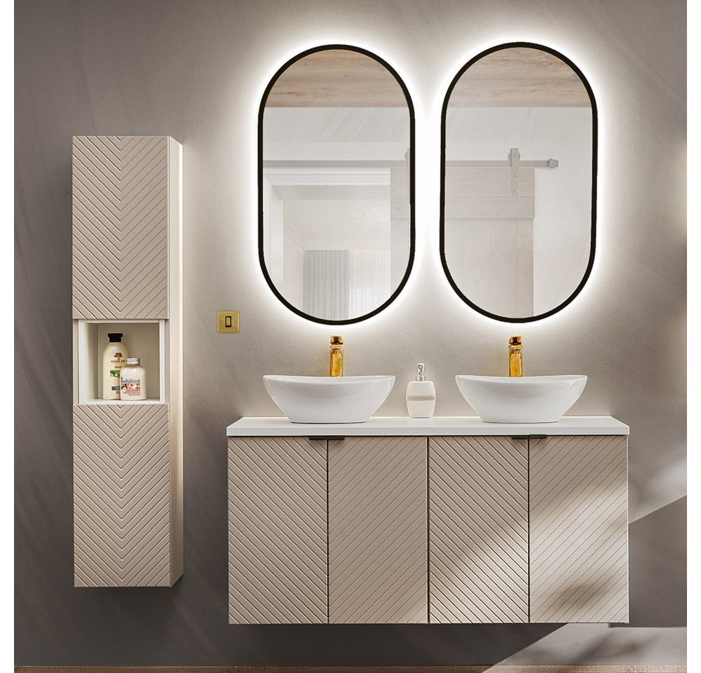 Lomadox Badmöbel-Set VERACRUZ-56, (Spar-Set, 4-St., Hochschrank LED-Spiegel Doppelwaschtisch), mit 120cm Waschtisch mit 2 Aufsatzbecken, kaschmir und weiß, gerillt von Lomadox