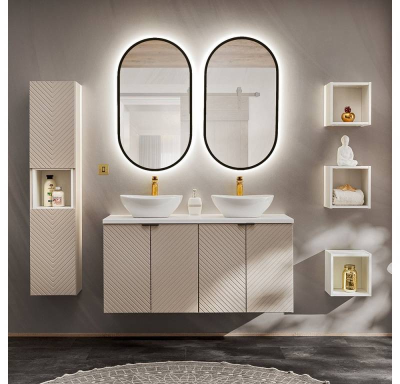 Lomadox Badmöbel-Set VERACRUZ-56, (Spar-Set, 7-St., Hochschrank LED-Spiegel Doppelwaschtisch Badregale), mit 120cm Waschtisch mit 2 Aufsatzbecken, kaschmir und weiß, gerillt von Lomadox