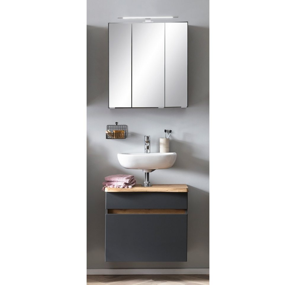 Lomadox Badmöbel-Set VIDAGO-03, (Spar-Set, 2-St), 61 cm breit graphit Baumkante mit LED Spiegelschrank 61/200/40 cm von Lomadox