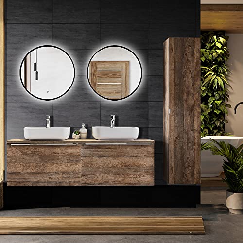 Lomadox Badmöbel Set Vintage Oak Eiche Nb, 2 Keramik-Waschtische, 160cm Unterschrank, 2 LED-Spiegel mit Touch-Funktion, Hochschrank von Lomadox