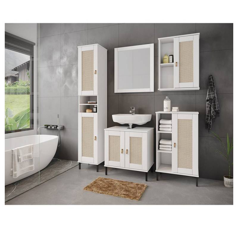 Lomadox Badmöbel-Set WATFORD-69, (Spar-Set, 5-St., Waschbeckenunterschrank Spiegel Regal Hängeschrank), Kiefer massiv weiß, Rattaneinsatz, Boho-Chic, Lederlaschengriff von Lomadox