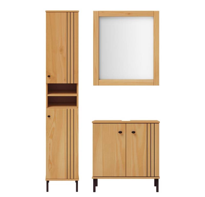Lomadox Badmöbel-Set WILLOW-69, (Spar-Set, 3-St., Waschbeckenunterschrank Spiegel Hochschrank), Kiefer massiv Massivholz eichefarbig lackiert Rillen-Design von Lomadox