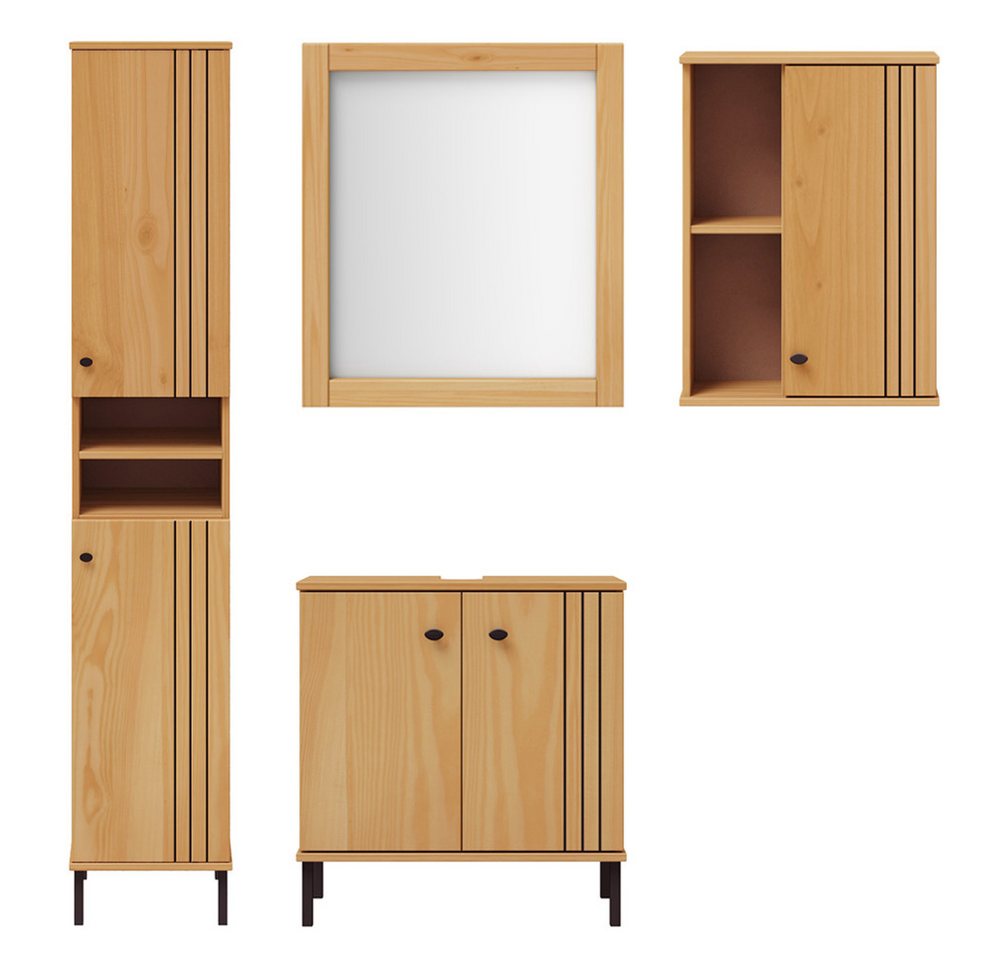 Lomadox Badmöbel-Set WILLOW-69, (Spar-Set, 4-St., Waschbeckenunterschrank Spiegel Hochschrank Hängeschrank), Kiefer massiv Massivholz eichefarbig lackiert Rillen-Design von Lomadox