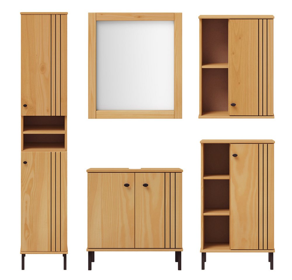 Lomadox Badmöbel-Set WILLOW-69, (Spar-Set, 5-St., Waschbeckenunterschrank Spiegel Hochschrank Badkommode Hängeschrank), Kiefer massiv Massivholz eichefarbig lackiert Rillen-Design von Lomadox