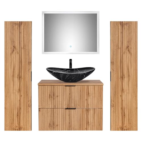 Lomadox Badmöbel Set Wotaneiche gerillt, 80 cm Unterschrank mit Keramik Waschbecken schwarz, 2 Hochschränke und LED-Spiegel mit Touchfunktion von Lomadox