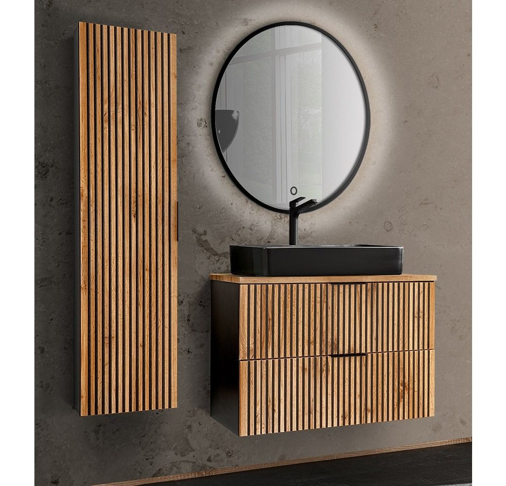 Lomadox Badmöbel-Set XANTEN-56, (Spar-Set, 3-St., Badspiegel Hochschrank Waschbecken Waschbeckenschrank), anthrazit, Wotan Eiche Nb schwarz gerillt von Lomadox