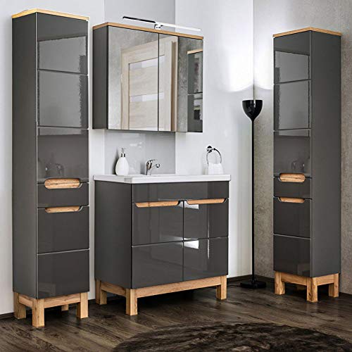 Lomadox Badmöbel Set in Hochglanz grau mit Eiche, 80cm Kerami-Waschtisch, Spiegelschrank & 2 Hochschränke Lomadox Badmöbel Set in Hochglanz grau mit Eiche, 80cm Kerami-Waschtisch, Spiegelschrank & 2 Hochschränke von Lomadox
