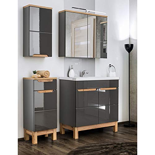Lomadox Badmöbel Set in Hochglanz grau mit Eiche, 80cm Keramik-Waschtisch & LED-Spiegelschrank von Lomadox