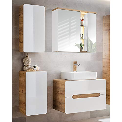Lomadox Badmöbel Set in Hochglanz weiß mit Wotan Eiche Nb., 80 cm Waschtisch-Unterschrank mit Keramik-Waschbecken, LED-Spiegelschrank Lomadox Badmöbel Set in Hochglanz weiß mit Wotan Eiche Nb., 80 cm Waschtisch-Unterschrank mit Keramik-Waschbecken, LED-Spiegelschrank von Lomadox
