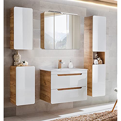 Lomadox Badmöbel Set in Hochglanz weiß mit Wotan Eiche Nb., Keramik-Waschtisch mit 81 cm Unterschrank, LED-Spiegelschrank, Hängeschränke, Hochschrank von Lomadox