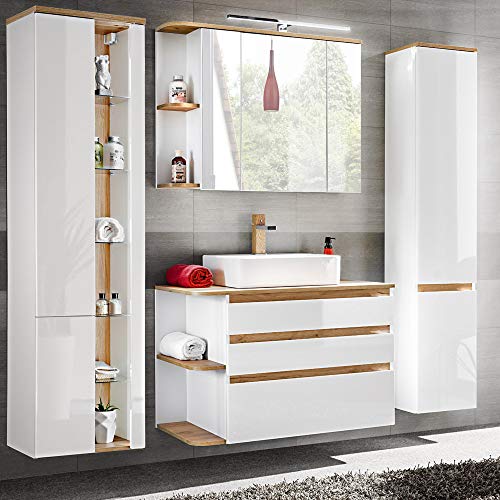 Lomadox Badmöbel Set in Hochglanz weiß mit Wotaneiche, Waschtisch-Unterschrank mit Keramik-Waschbecken, LED-Spiegelschrank & 2 Hochschränke Lomadox Badmöbel Set in Hochglanz weiß mit Wotaneiche, Waschtisch-Unterschrank mit Keramik-Waschbecken, LED-Spiegelschrank & 2 Hochschränke von Lomadox