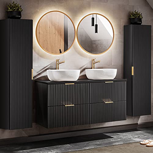 Lomadox Badmöbel Set in matt schwarz mit Rillenoptik mit 121cm Waschtisch, 2 Keramik Waschbecken, 2 LED Spiegel, 2 Hochschränke, B/H/T ca. 220/200/46,5 cm Lomadox Badmöbel Set in matt schwarz mit Rillenoptik mit 121cm Waschtisch, 2 Keramik Waschbecken, 2 LED Spiegel, 2 Hochschränke, B/H/T ca. 220/200/46,5 cm von Lomadox