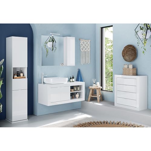 Lomadox Badmöbel Set in weiß Hochglanz 110 cm Waschtisch drehbarer Hochschrank Badkommode Spiegelschrank LED Beleuchtung von Lomadox