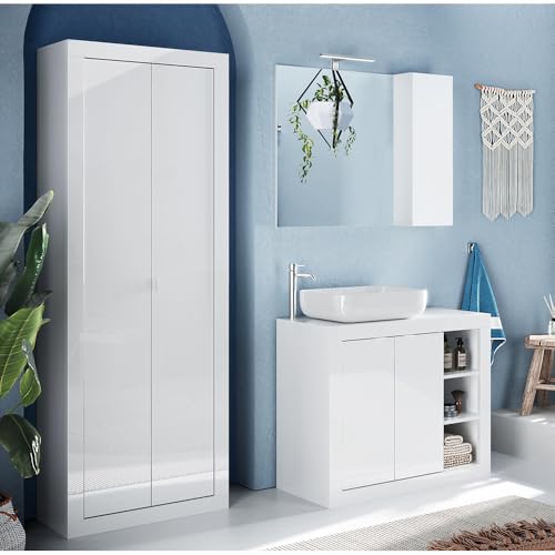 Lomadox Badmöbel Set in weiß Hochglanz mit 92 cm Waschtisch stehend Keramik Aufsatzwaschbecken Badschrank Spiegelschrank LED Beleuchtung Lomadox Badmöbel Set in weiß Hochglanz mit 92 cm Waschtisch stehend Keramik Aufsatzwaschbecken Badschrank Spiegelschrank LED Beleuchtung von Lomadox