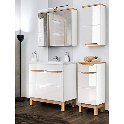Lomadox Badmöbel Set in weiß Hochglanz mit Eiche, Waschtischunterschrank mit Keramik-Waschbecken & LED-Spiegelschrank Lomadox Badmöbel Set in weiß Hochglanz mit Eiche, Waschtischunterschrank mit Keramik-Waschbecken & LED-Spiegelschrank von Lomadox