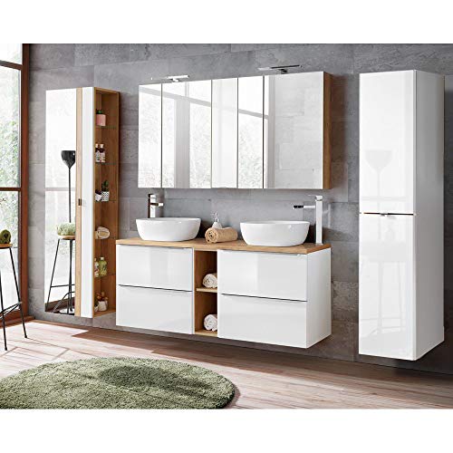 Lomadox Badmöbel Set mit 140cm Waschtisch & LED-Spiegelschrank, Hochglanz weiß mit Wotaneiche Lomadox Badmöbel Set mit 140cm Waschtisch & LED-Spiegelschrank, Hochglanz weiß mit Wotaneiche von Lomadox