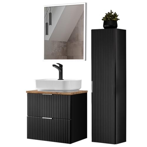 Lomadox Badmöbel Set mit Keramik Waschbecken und LED Spiegel, matt schwarz mit Eiche Nb., gerillte Front (1 Hochschrank, 1 LED-Spiegel, 1 Waschtisch mit Aufsatzbecken) von Lomadox