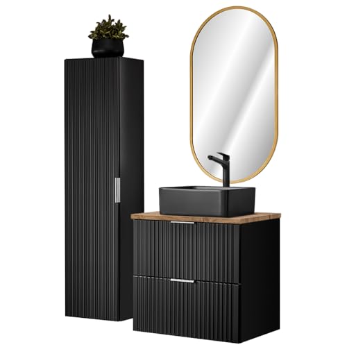 Lomadox Badmöbel Set mit schwarzem Keramik Waschbecken und LED Spiegel, matt schwarz mit Eiche Nb., gerillte Front (1 Hochschrank, 1 LED Spiegel, 1 Waschtisch mit Aufsatzbecken) von Lomadox