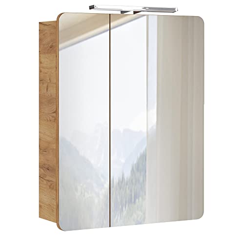 Lomadox Badmöbel Spiegelschrank 60 cm, LED-Beleuchtung, Wotan Eiche Nb. Nb, 2-türig, B/H/T ca. 60/75-80/16 cm von Lomadox