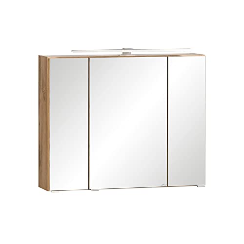 Lomadox Badmöbel Spiegelschrank 80cm, LED Aufsatzleuchte, 3-türig, Wotan Eiche Nb. mit weiß matt, B/H/T ca. 80/64/20 cm von Lomadox