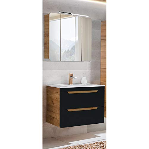 Lomadox Badmöbel Waschplatz Set, seidenmatt anthrazit mit Wotan Eiche Nb., 81 cm Waschtisch-Unterschrank mit Keramik-Waschbecken, LED-Spiegelschrank Lomadox Badmöbel Waschplatz Set, seidenmatt anthrazit mit Wotan Eiche Nb., 81 cm Waschtisch-Unterschrank mit Keramik-Waschbecken, LED-Spiegelschrank von Lomadox