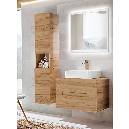 Lomadox Badmöbel Waschplatz Set Eiche, Keramik Waschtisch mit 80 cm Unterschrank, LED-Spiegel, Hochschrank Lomadox Badmöbel Waschplatz Set Eiche, Keramik Waschtisch mit 80 cm Unterschrank, LED-Spiegel, Hochschrank von Lomadox