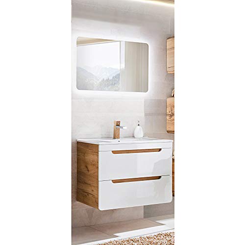 Lomadox Badmöbel Waschplatz Set Hochglanz weiß, Wotaneiche mit 80cm Waschtisch-Unterschrank mit Keramik-Waschbecken & LED-Spiegel Lomadox Badmöbel Waschplatz Set Hochglanz weiß, Wotaneiche mit 80cm Waschtisch-Unterschrank mit Keramik-Waschbecken & LED-Spiegel von Lomadox