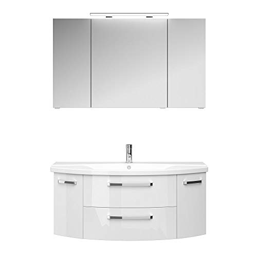 Lomadox Badmöbel Waschplatz-Set in Hochglanz weiß, 121cm Waschtisch mit Waschbecken & LED-Spiegelschrank von Lomadox