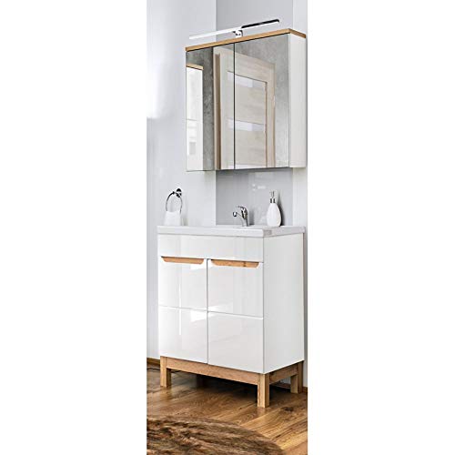 Lomadox Badrmöbel Waschplatz Set in Hochglanz weiß mit Eiche, 60cm Waschtisch-Unterschrank mit Keramik-Waschbecken & LED-Spiegelschrank von Lomadox