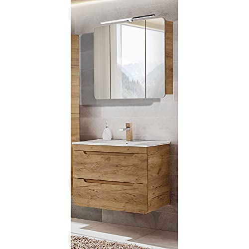 Lomadox Badmöbel Waschplatz Set mit 81 cm Waschtisch & LED-Spiegelschrank, Wotan Eiche Nb., B/H/T ca. 81/200/46 cm von Lomadox