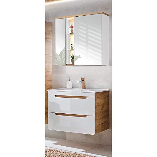 Lomadox Badmöbel Waschplatz Set mit 81 cm Waschtisch-Unterschrank mit Keramik-Waschbecken & LED-Spiegelschrank von Lomadox