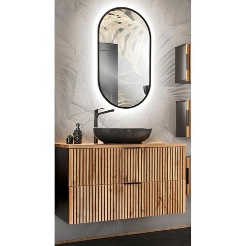 Lomadox Badmöbel Waschplatz Set schwarz gerillt mit Waschtisch Unterschrank 100 cm, Aufsatzwaschbecken, LED Badspiegel in anthrazit mit Eiche Nb., B/H/T: ca. 100,6/200/46,5 cm Lomadox Badmöbel Waschplatz Set schwarz gerillt mit Waschtisch Unterschrank 100 cm, Aufsatzwaschbecken, LED Badspiegel in anthrazit mit Eiche Nb., B/H/T: ca. 100,6/200/46,5 cm von Lomadox
